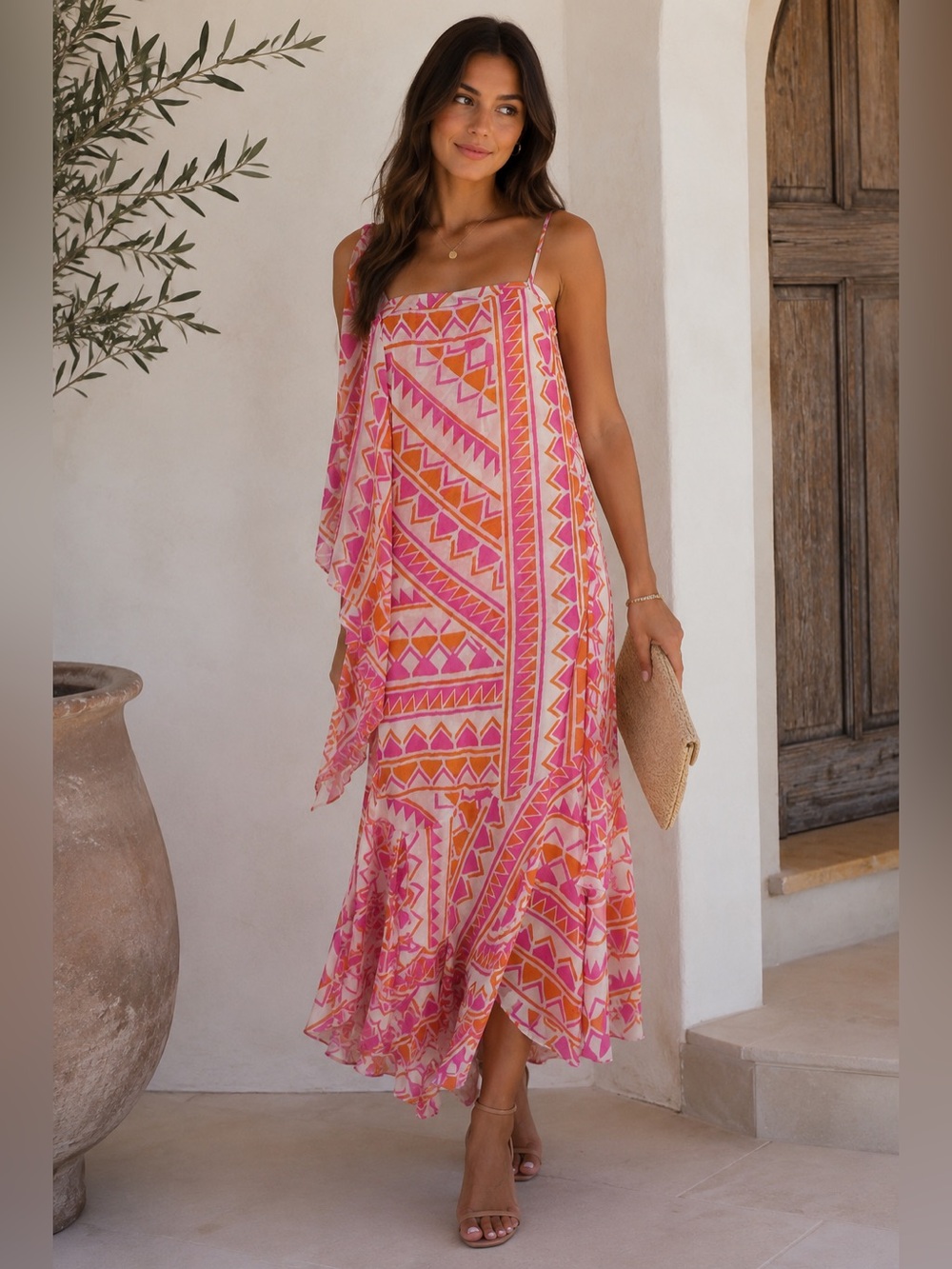 MISA Los Angeles Printed Ruffle Midi Dress – Size S